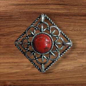 Sarah Coventry Red Cabochon Vintage Brooch Pendant Ornate Filigree Square Design